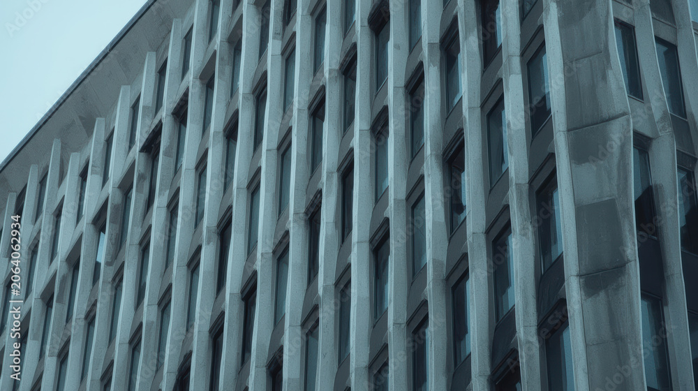 Naklejka premium Brutalist concrete facade vertical window repetition sleek modernist office building exterior