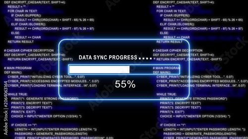 cyan glowing progress bar shows 100% percent of data sync progress on a background of computer code programming-4k black background icon animation with Glitch Effect