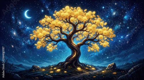 Golden tree glows under starry night sky with crescent moon shining brightly