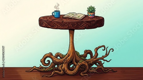 A whimsical wooden table with tentacle legs holds a steaming mug, book, and potted plant on a brown surface against a gradient background.