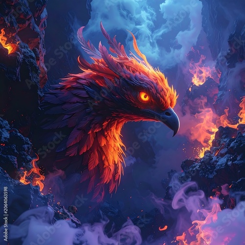 Fiery Mythical Phoenix Head Glowing in Volcanic Smoke Filled Cavern