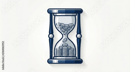 An hourglass filled with coins is standing upright on a surface.
