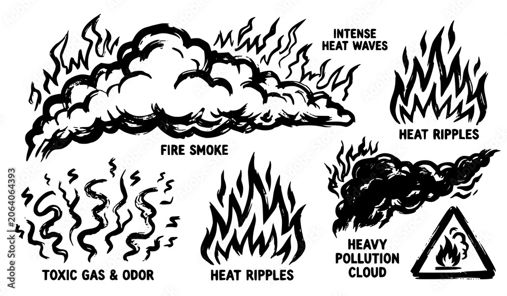 Obraz premium Bold grunge brush stroke smoke vector illustration set with rough hot fire and bad odor stink hazard icons