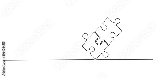 One continuous line drawing of two puzzle pieces interlocking, symbolizing connection, solution, and partnership Vector, illustration Jigsaw pieces continuous one line drawing of puzzle vector on 