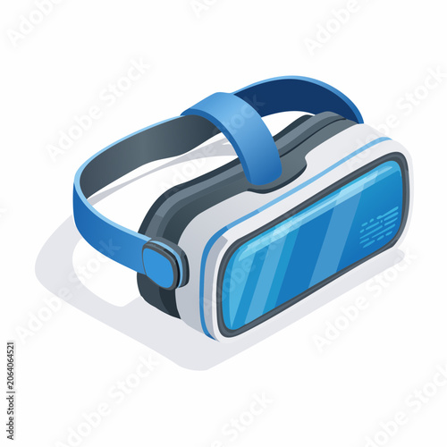 Futuristic virtual reality headset with blue strap and reflective screen on white studio background