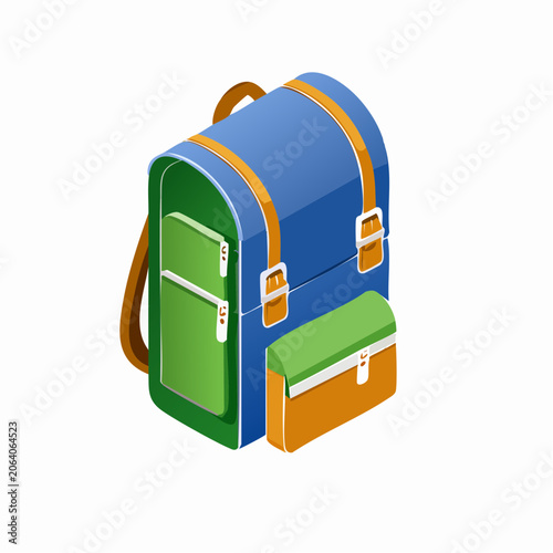 Isometric Blue Backpack with Green and Orange Pockets and Straps