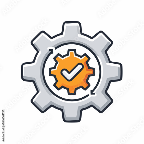 Gear mechanism with a checkmark icon indicating successful completion or approval in a circular process.