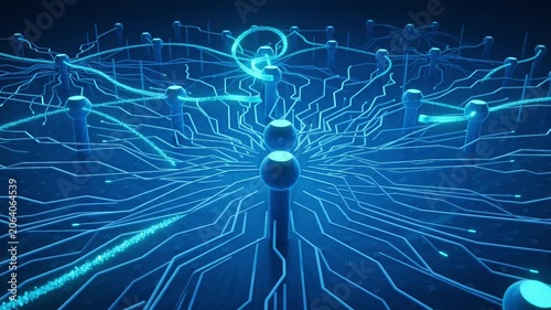 Glowing data streams flowing through a digital network node. Cybernetic circuit board with interconnected nodes transmitting information. System energy flow concept.