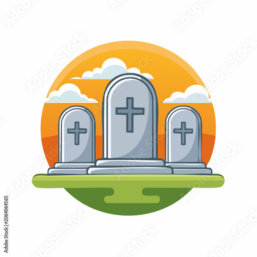 Three gravestones with crosses in a cemetery at sunset with colorful sky and clouds
