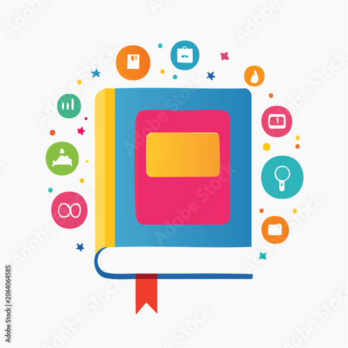 Open Book with Learning Icons Floating Around Illustrating Education and Knowledge