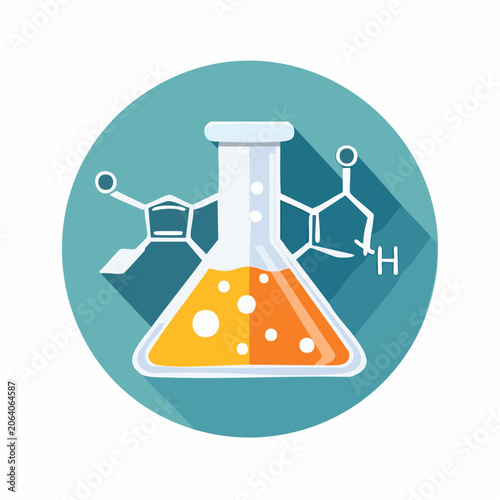 Chemical flask with bubbling liquid and molecular structure icons scientific research and development symbol