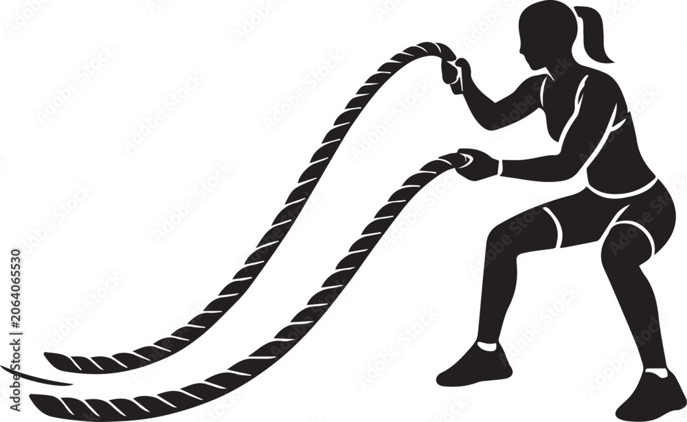 Fototapeta premium Woman doing battle rope workout strength training fitness silhouette.