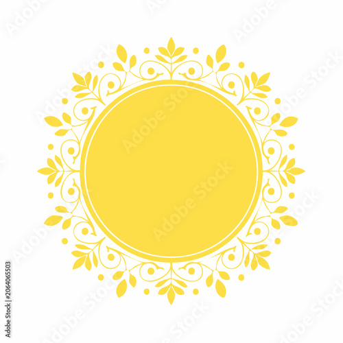 Yellow Floral Circle Frame with Swirls and Leaves