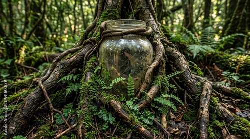 A silver wall clock is breaking through the roots of a tree in a dense forest.