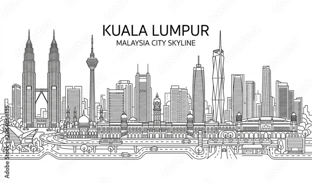 Obraz premium Kuala Lumpur city skyline line art vector illustration on white background