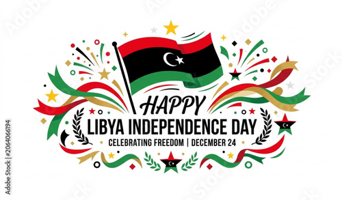 Fotografía Libya independence day celebration banner design with flag, stars and ribbons