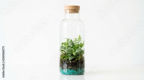 A glass jar with a wooden lid contains a miniature garden with green plants and blue pebbles on a white surface indoors.