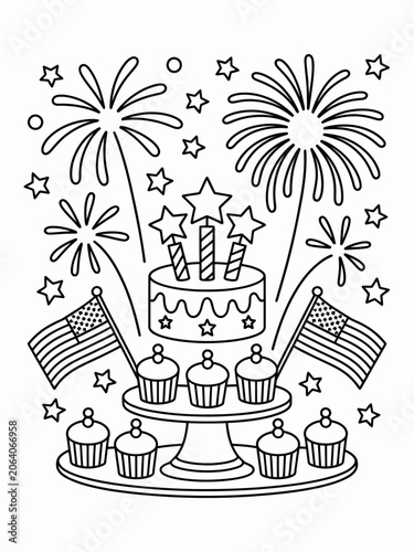 The image features a festive display of cupcakes on a stand, with an American flag on each side.