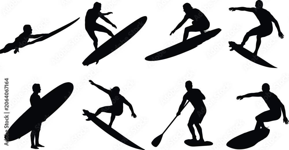 Fototapeta premium Surfing and stand-up paddleboarding vector silhouette icon set featuring surfers riding waves and paddling boards