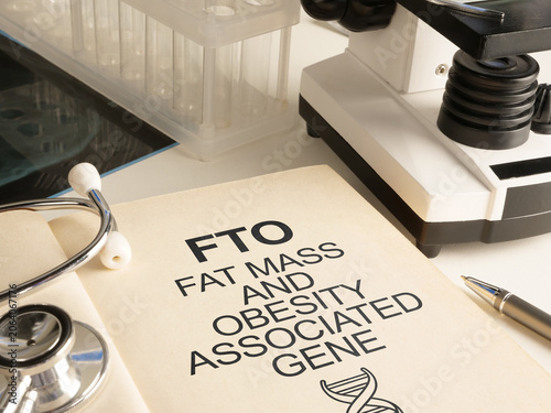 FTO Fat Mass and Obesity Associated Gene Research, Genetic Predisposition to Obesity, DNA Variants, Metabolism Regulation, Precision Medicine, Genomics and Human Health Concept