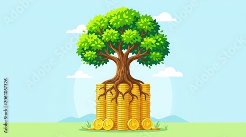 Tree grows on stack of gold coins in green landscape with mountains