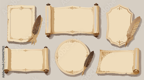 Antique blank parchment scroll paper with a traditional quill feather pen for writing, flat vector illustration template for old document or historical letter on a clean white background.