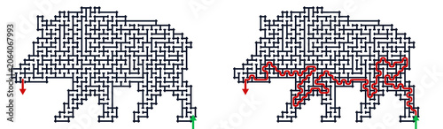 Maze in the shape of a boar with solution path illustrated  