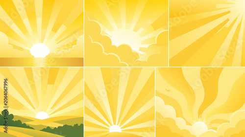 Bright yellow sun rays bursting across the blue sky with fluffy white clouds, vibrant flat vector illustration of a sunny day for landscape background and environmental design concepts.