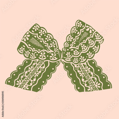 Elegant colorful Bow knot ribbon. Beautiful lace ornament. Hand drawn Vector illustration. Wedding invitation, greeting card, Valentine day, fashion, decoration concept. Isolated design element