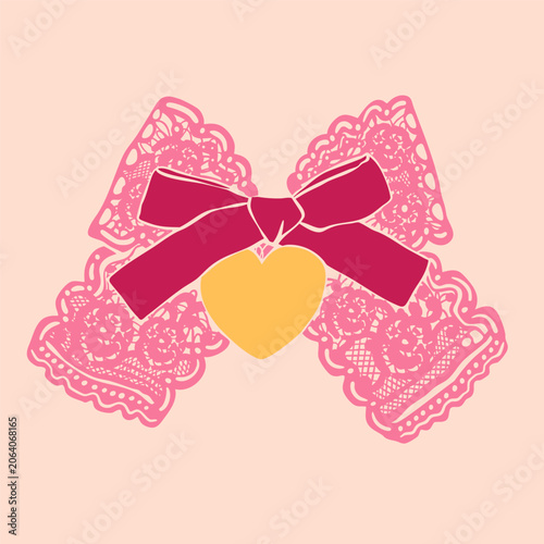 Elegant colorful Bow knot ribbon. Beautiful lace ornament. Hand drawn Vector illustration. Wedding invitation, greeting card, Valentine day, fashion, decoration concept. Isolated design element