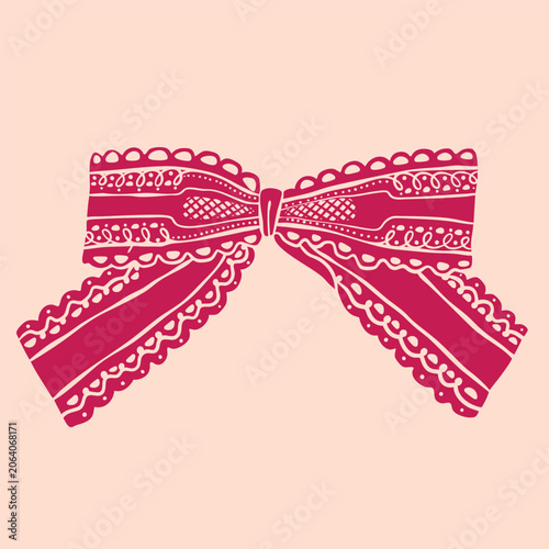 Elegant colorful Bow knot ribbon. Beautiful lace ornament. Hand drawn Vector illustration. Wedding invitation, greeting card, Valentine day, fashion, decoration concept. Isolated design element