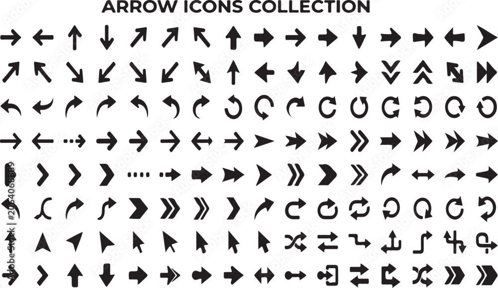 Obraz premium Arrow Icons Collection Set, Black Universal Web Navigation Pointer Cursor and Interface Symbols Vector Isolated on White Background