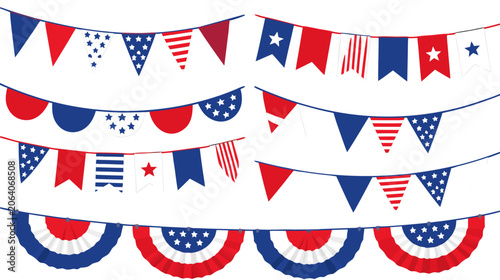Red White and Blue Bunting Hanging Flags Flat Vector Illustration. Patriotic Decorative Garland for Independence Day Fourth of July Memorial Day or Election Day Celebration Party Festival Decor.