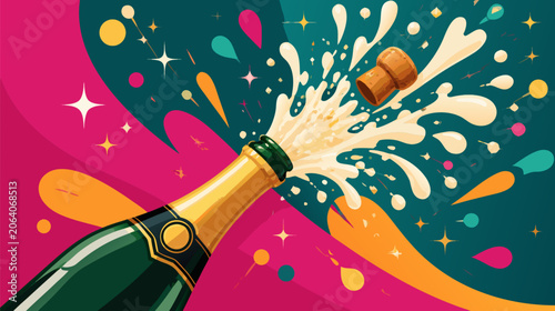 Festive Popping Champagne Bottle with Spraying Foam and Bubbles Flat Vector Illustration. Celebration Icon for New Year Party Wedding Birthday or Anniversary Event Isolated on a Plain Background.