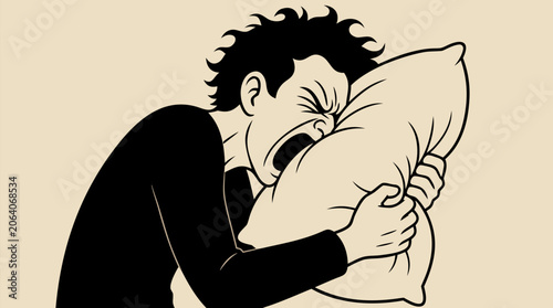 Emotional silhouette of a person screaming silently into a soft pillow, representing stress, frustration, and mental health struggles, flat vector illustration on a clean light background.