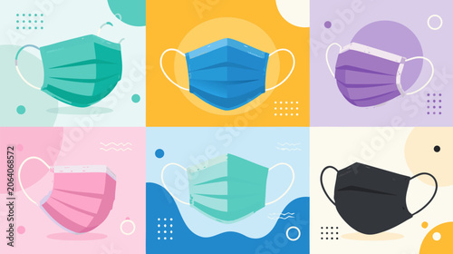 Professional flat vector illustration of a blue surgical face mask with white elastic ear loops, isolated on a clean background for virus protection, hygiene, and medical safety concepts.
