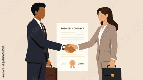 Two diverse faceless professionals shaking hands over a glowing digital business contract, symbolizing a successful partnership, agreement, and global cooperation in a flat vector style.