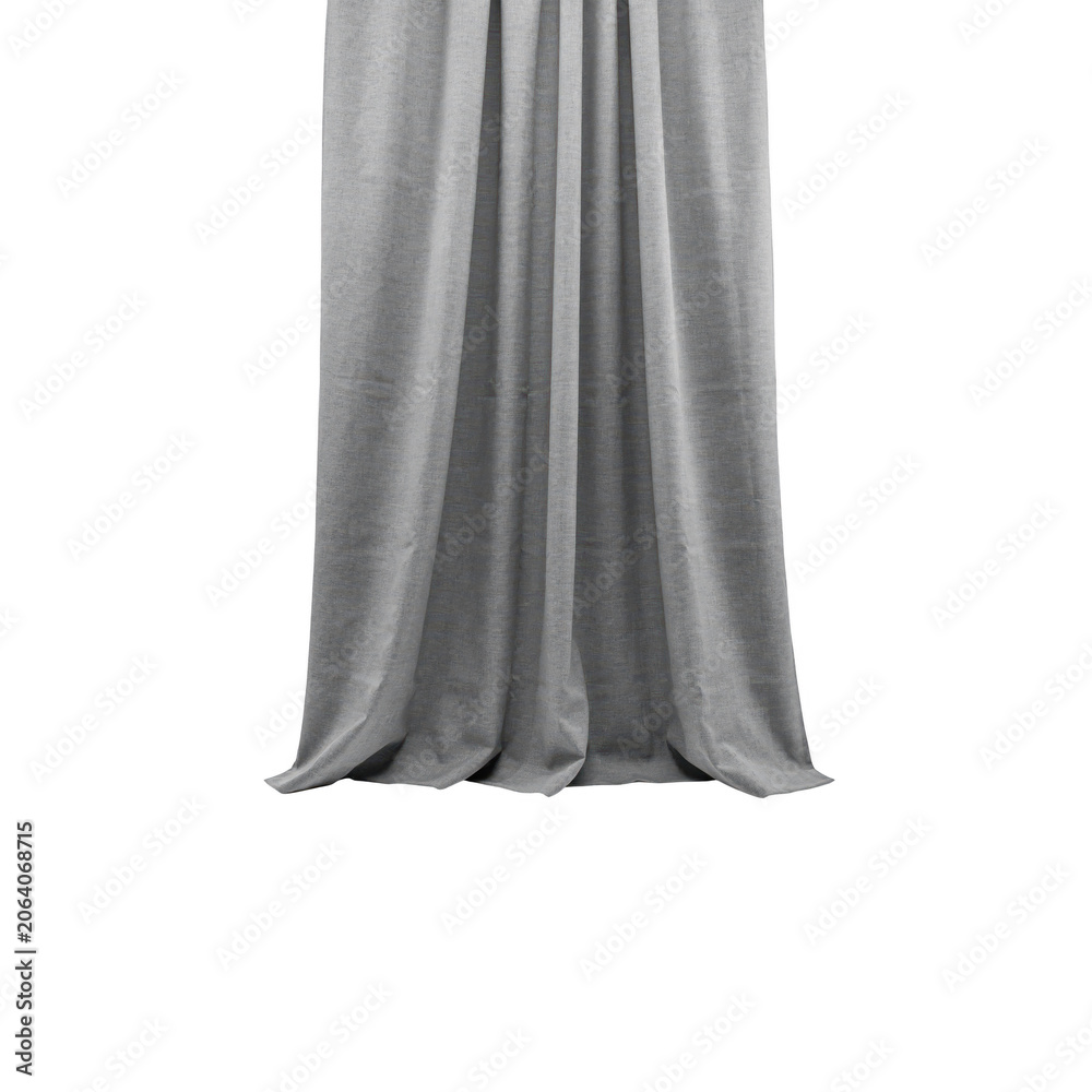 Fototapeta premium A single grey fabric curtain panel hanging vertically with soft folds and drapes, isolated on a plain white background, for home decor