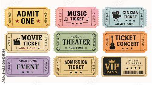 Vintage movie ticket collection, retro cinema and concert admission stubs, set of 9 colorful event ticket vector illustrations isolated on White Background