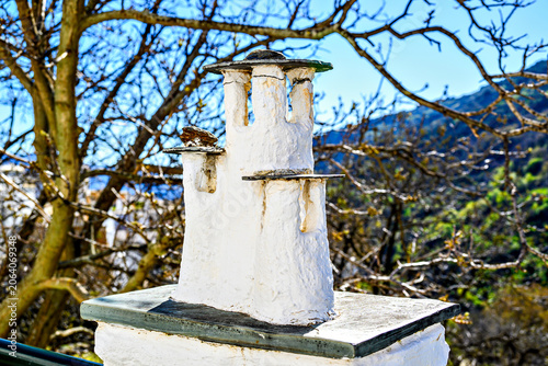 Characteristic chimneys of the village of Pampaneira in the Alpujarra of Granada, with its steep streets and water channels
