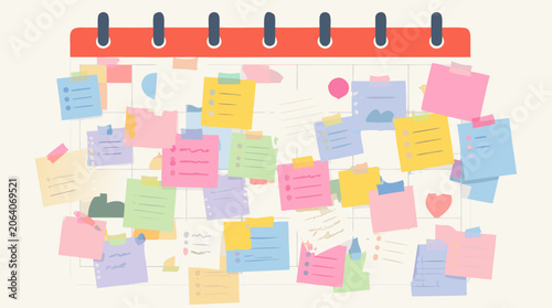 Abstract calendar covered with too many overlapping messy task notes, stress and workload concept, flat vector illustration isolated on light background for productivity and time management themes.
