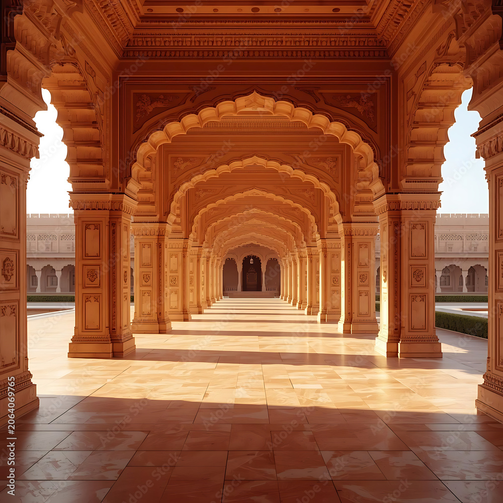 Fototapeta premium Interior palace corridor within Amber Fort, ornate arches and carved details, bright natural illumination, large uncluttered wall surfaces creating
