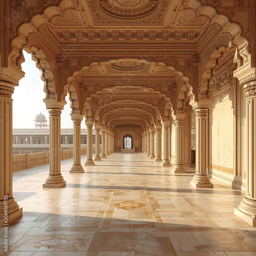 Interior palace corridor within Amber Fort, ornate arches and carved details, bright natural illumination, large uncluttered wall surfaces creating 