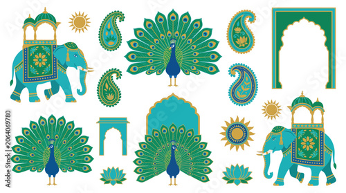 Vibrant Indian cultural motifs featuring elegant peacocks, majestic elephants, and ornate archways in a rich color palette, perfect for festive designs and traditional decor