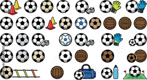 Soccer football equipment vector icon set featuring traditional balls vintage leather spheres training cones referee whistles goalkeeper gloves sports bag water bottle and pitch field graphics.