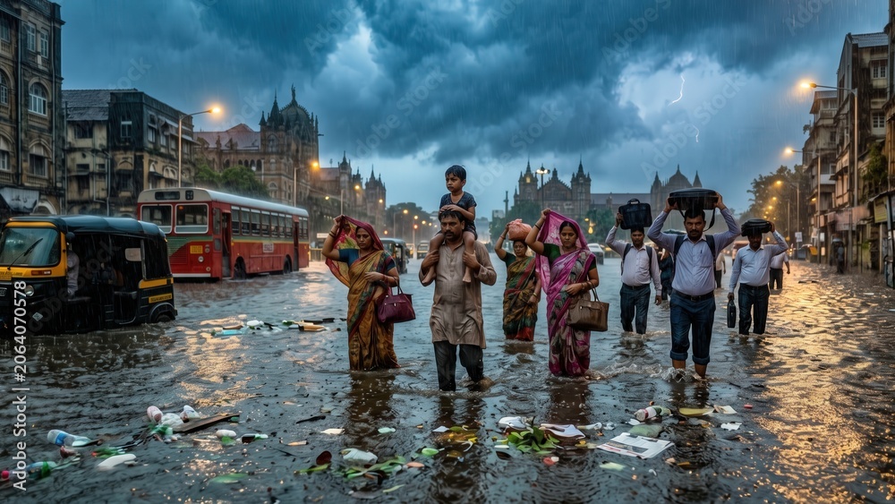 Fototapeta premium Mumbai Flooded Street During Extreme Monsoon - Urban Climate Disaster