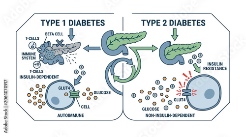 Bild auf Leinwand Type 1 vs Type 2 Diabetes: Autoimmune Attack vs Insulin Resistance Explained