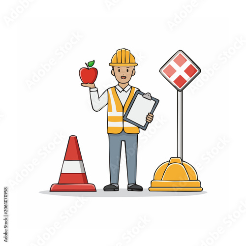 Cartoon construction worker holding apple and clipboard