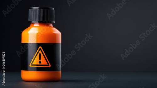 Bright orange bottle with black warning label and caution symbol on a minimalist dark studio background
