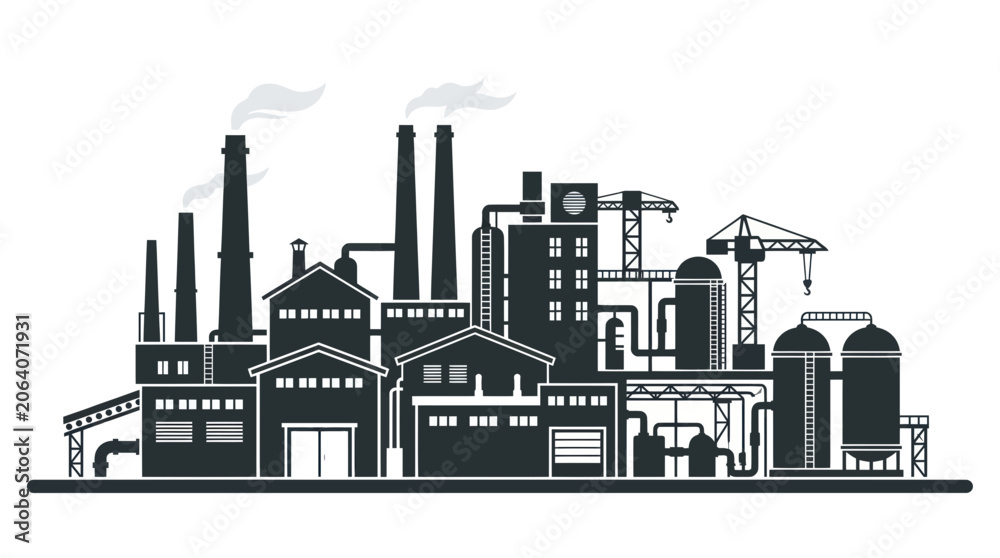 Fototapeta premium Industrial factory complex silhouette with smokestacks and cranes